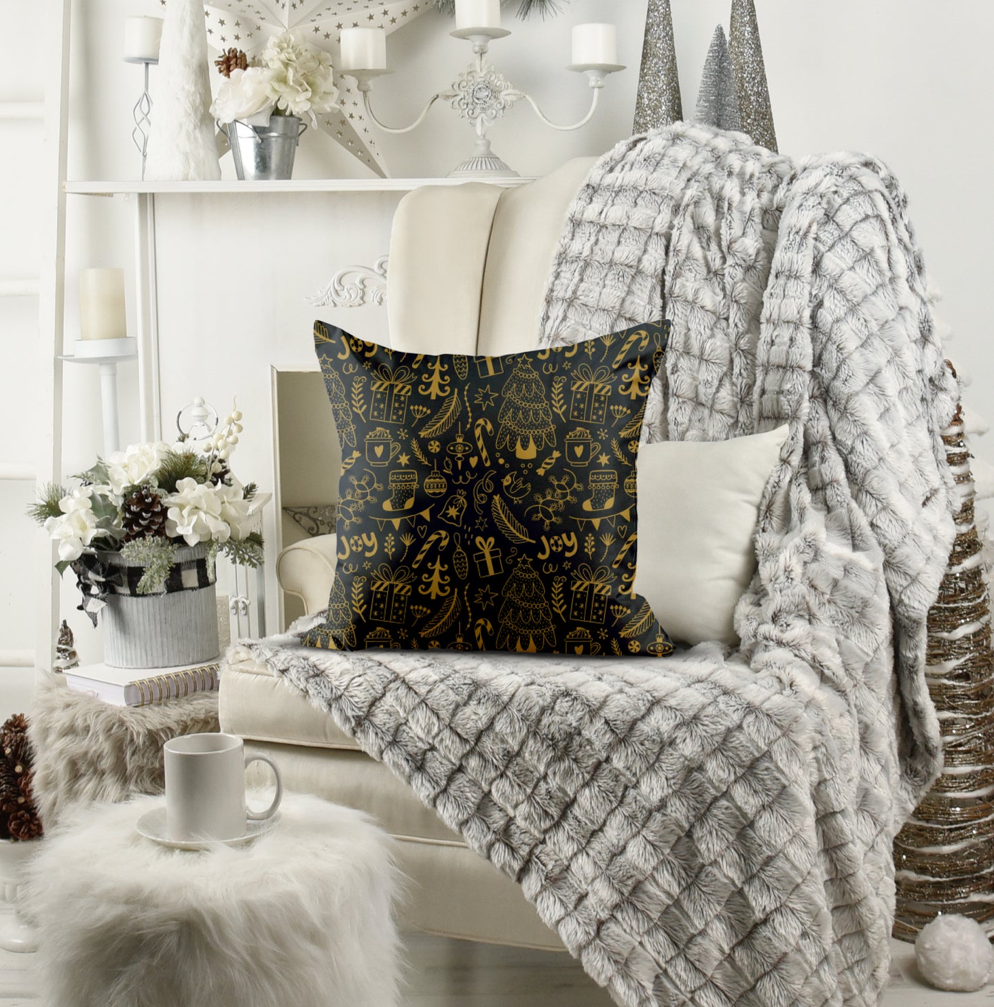 Christmas Pillow- navy and gold- Soft Or Linen