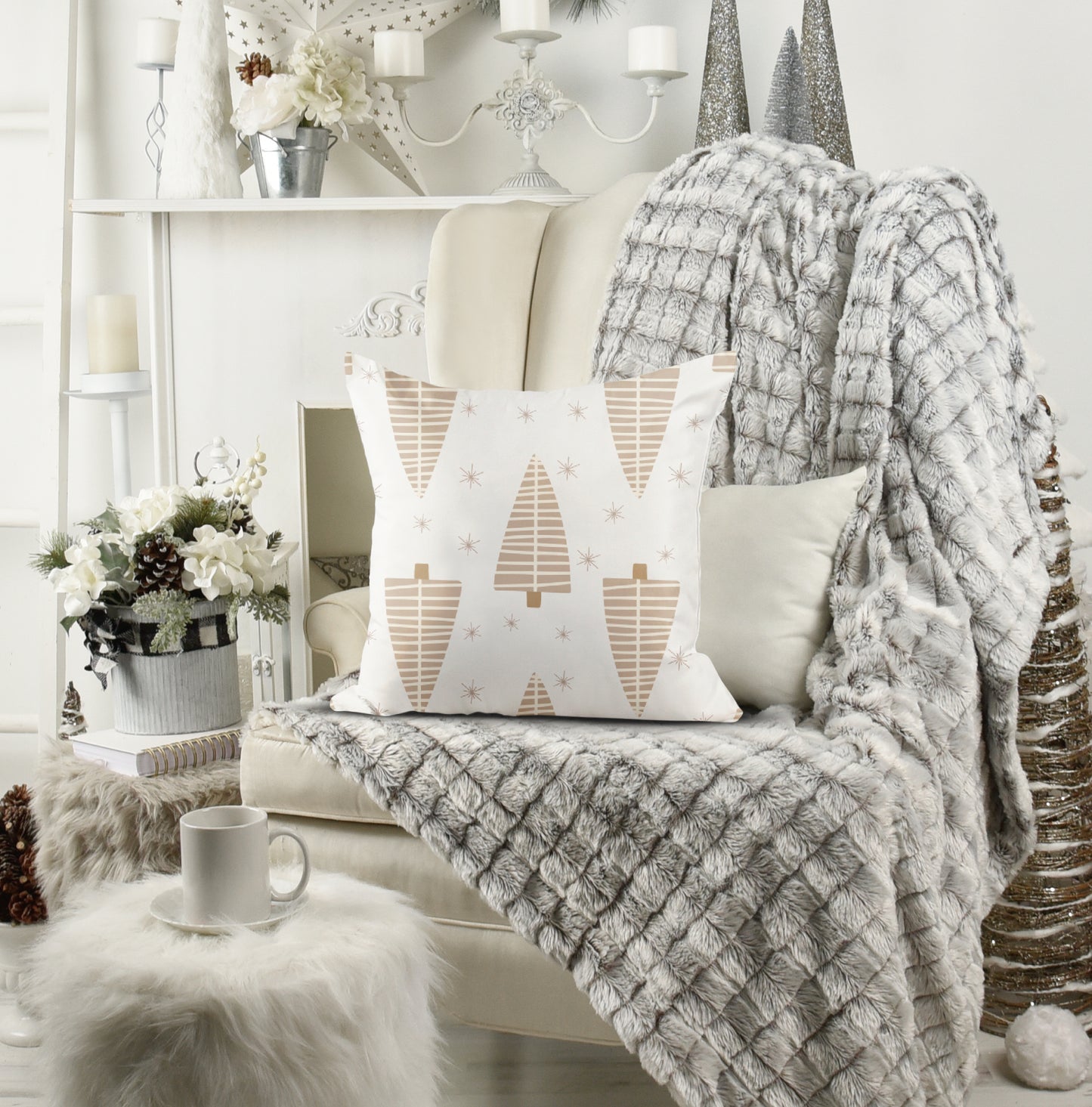 Neutral Christmas pillow- tree and stars- Soft Or Linen