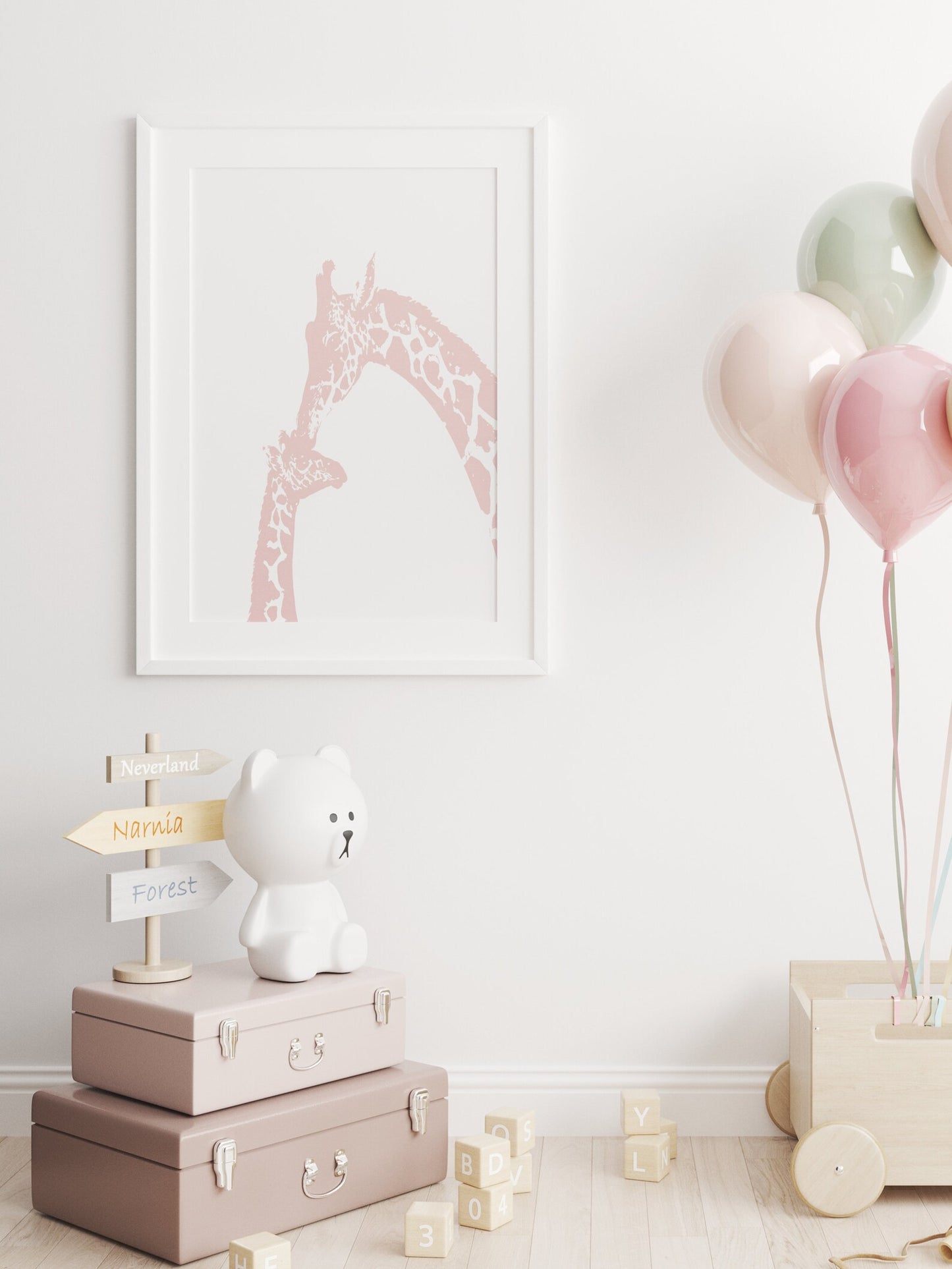 Pink giraffe kiss nursery wall art, mommy and baby giraffe- Framed or Unframed