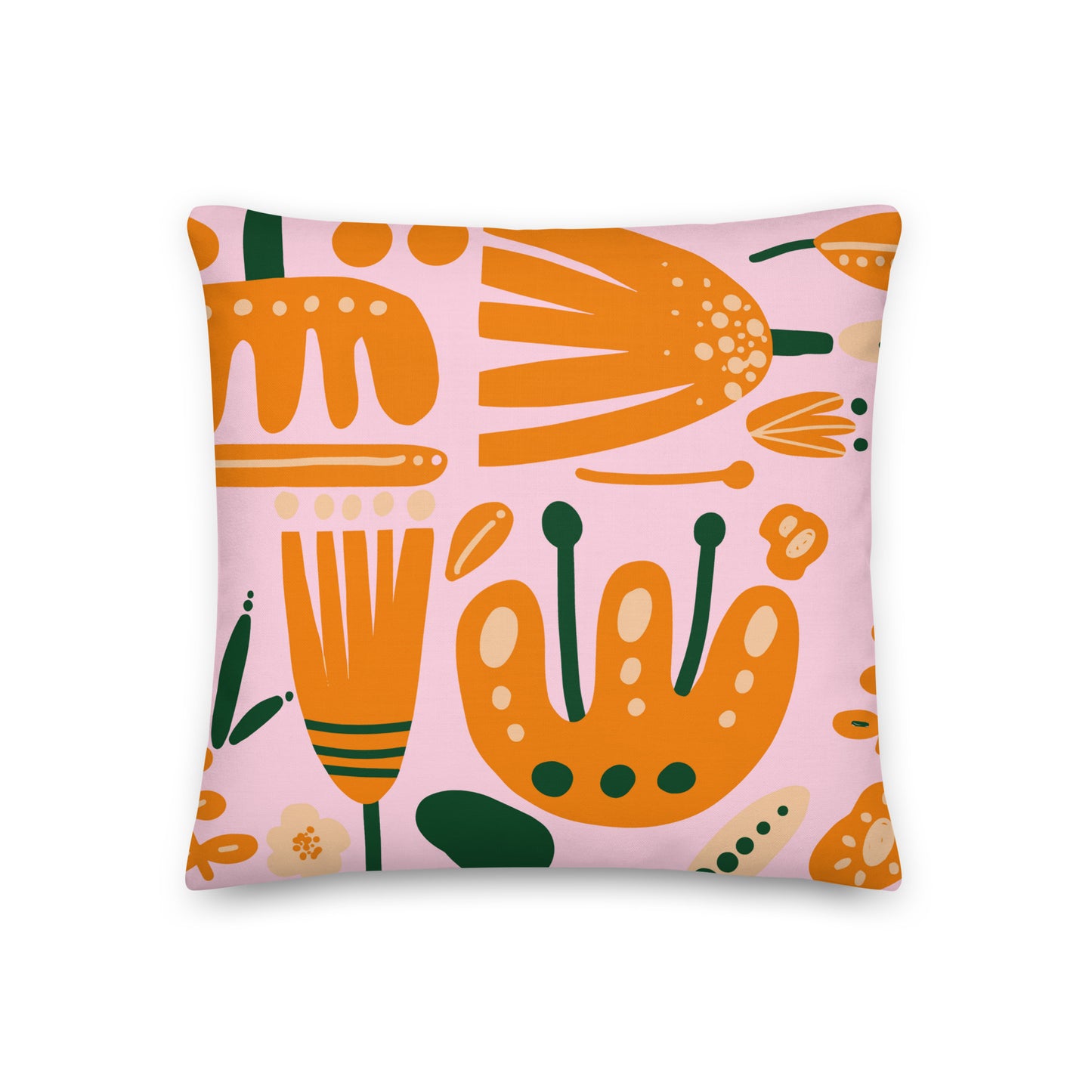 Floral Orange & Green on Pink Pillow- Soft or Linen