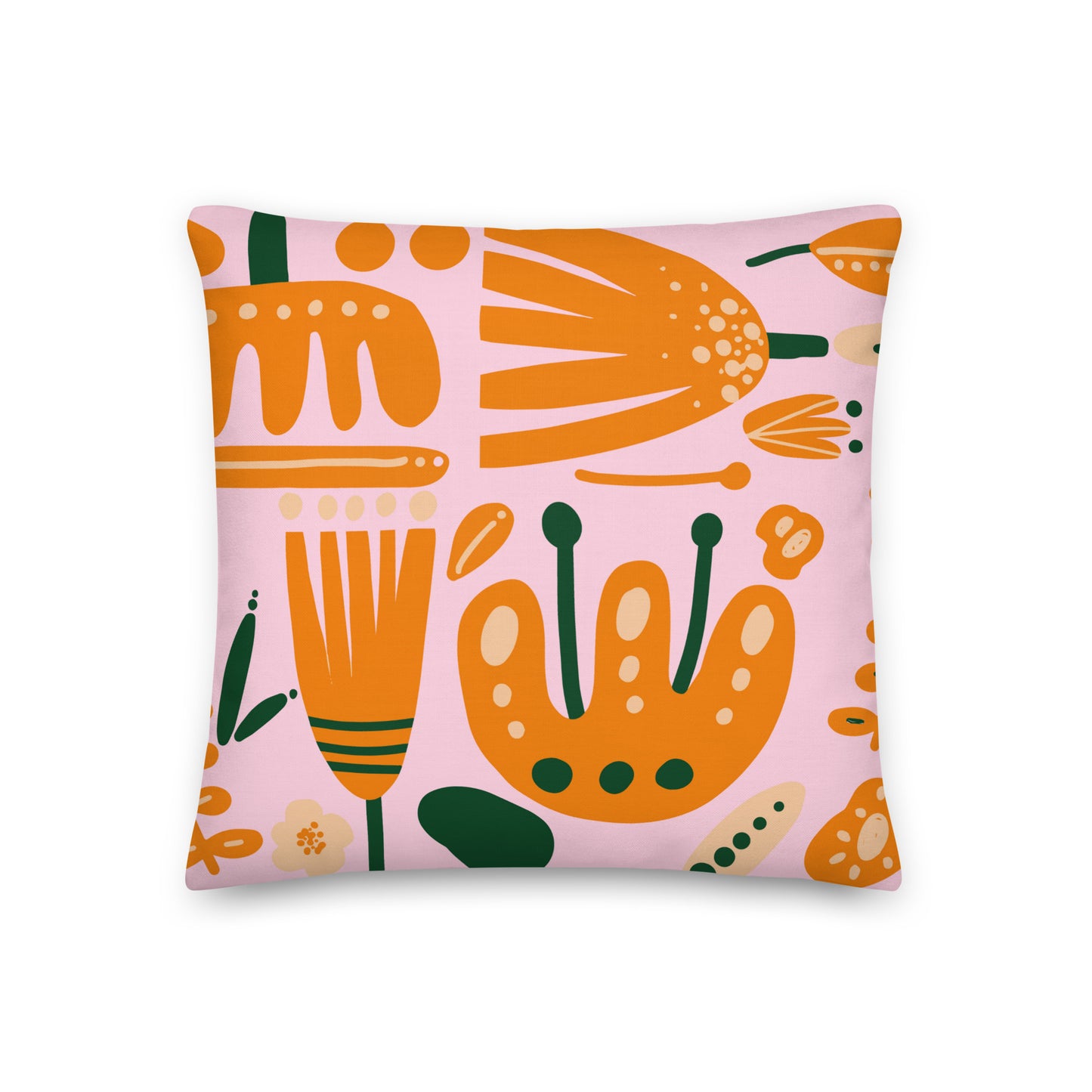 Floral Orange & Green on Pink Pillow- Soft or Linen