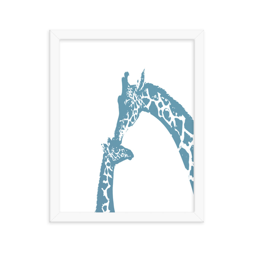 Blue giraffe kiss nursery wall art, mommy and baby giraffe- Framed or Unframed