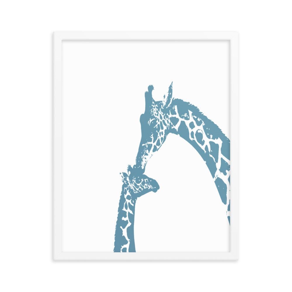 Blue giraffe kiss nursery wall art, mommy and baby giraffe- Framed or Unframed