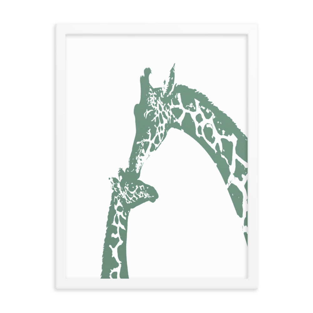 Green giraffe kiss nursery wall art, mommy and baby giraffe- Framed or Unframed