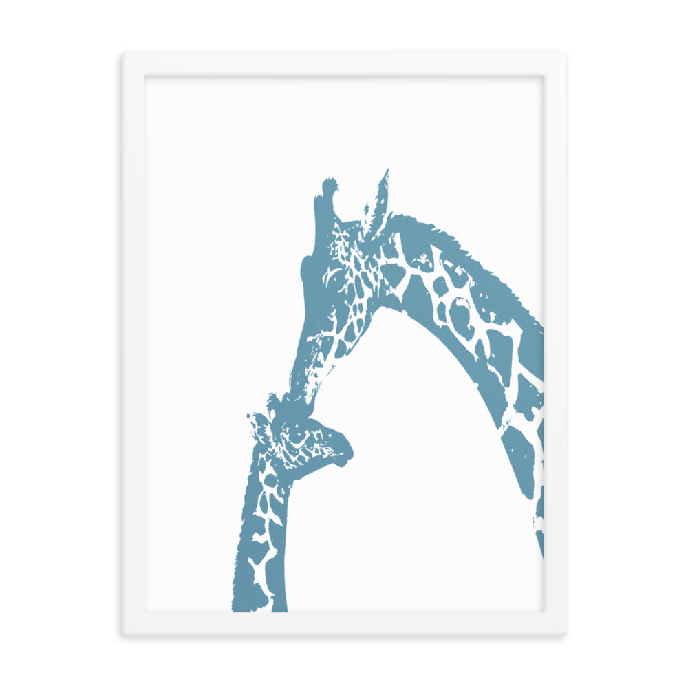 Blue giraffe kiss nursery wall art, mommy and baby giraffe- Framed or Unframed