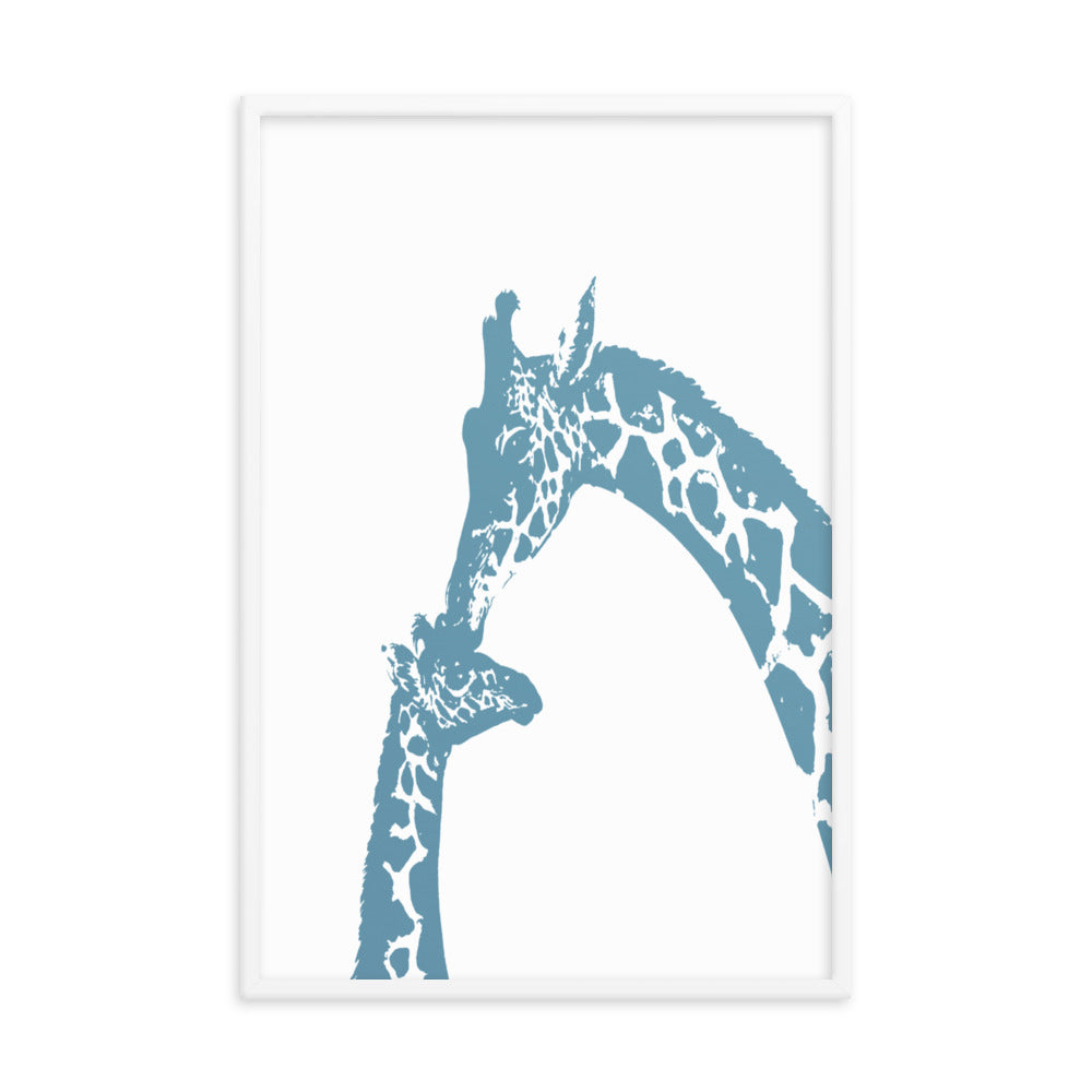 Blue giraffe kiss nursery wall art, mommy and baby giraffe- Framed or Unframed
