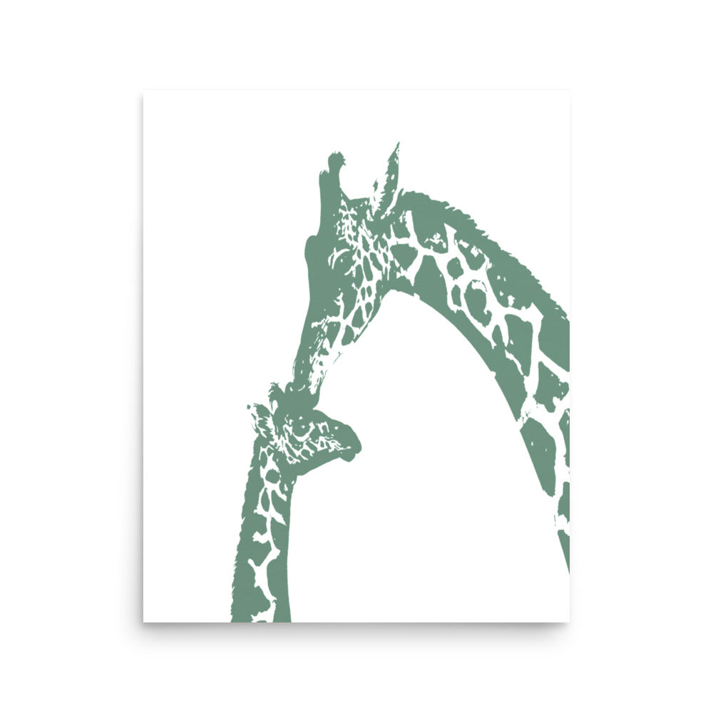 Green giraffe kiss nursery wall art, mommy and baby giraffe- Framed or Unframed