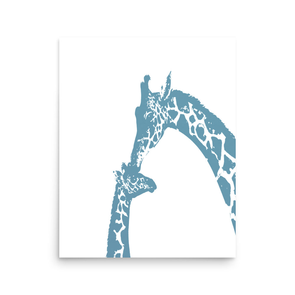 Blue giraffe kiss nursery wall art, mommy and baby giraffe- Framed or Unframed