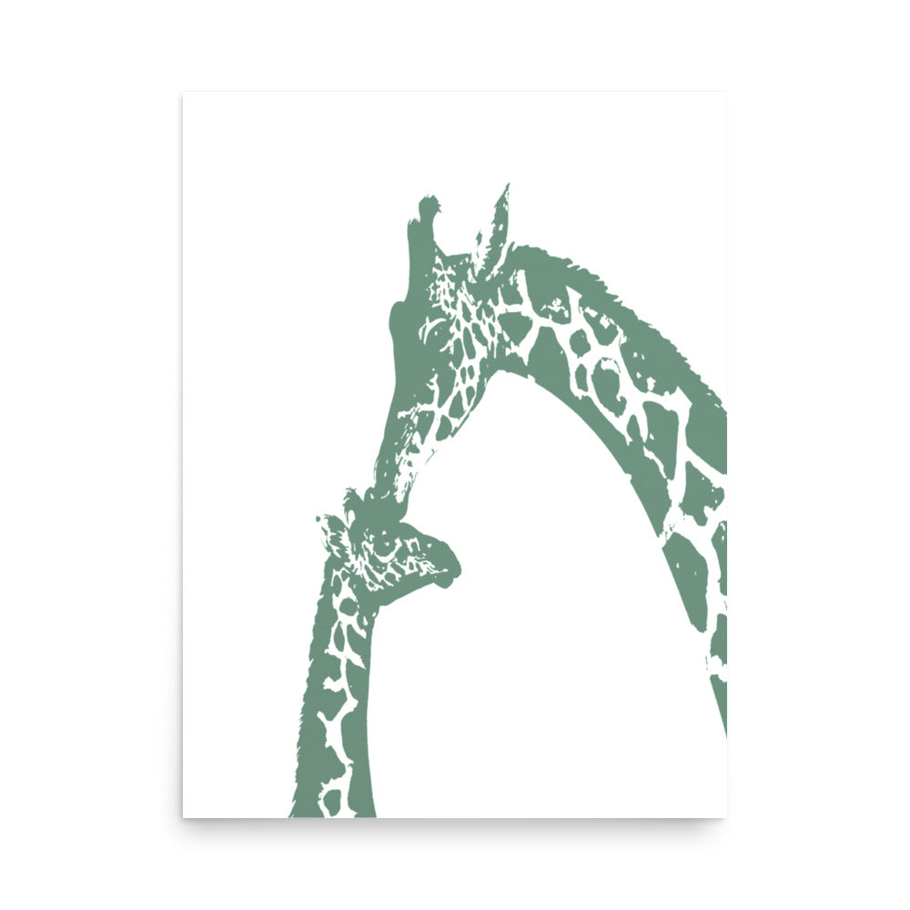 Green giraffe kiss nursery wall art, mommy and baby giraffe- Framed or Unframed