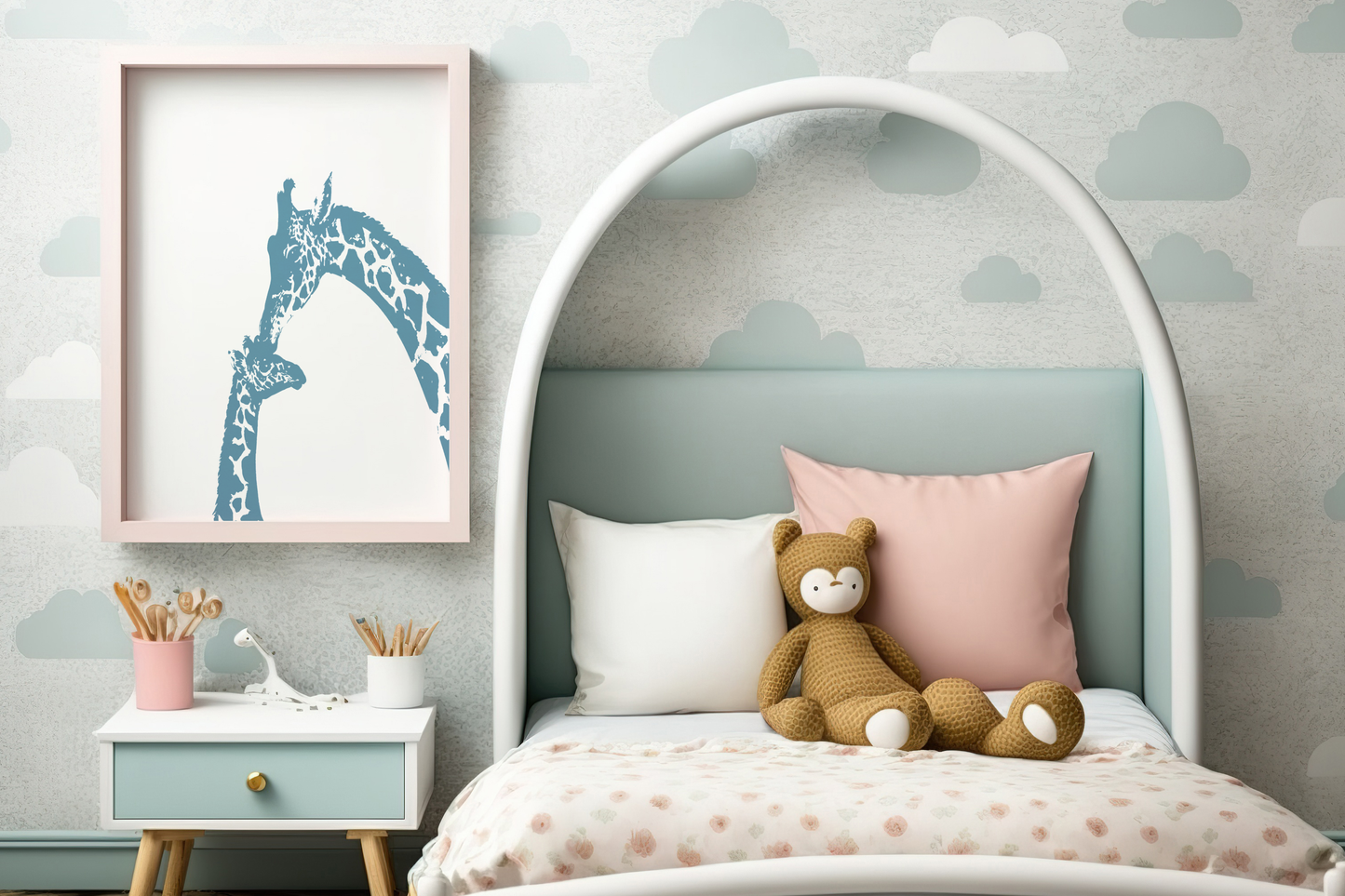 Blue giraffe kiss nursery wall art, mommy and baby giraffe- Framed or Unframed