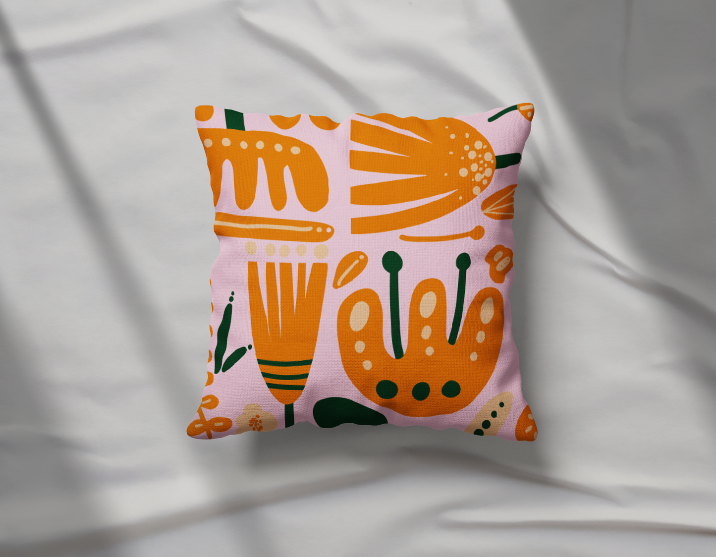 Floral Orange & Green on Pink Pillow- Soft or Linen