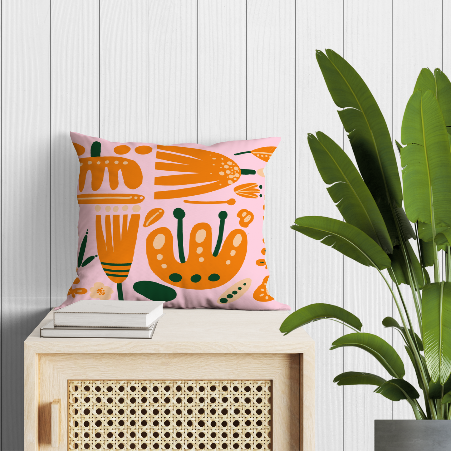 Floral Orange & Green on Pink Pillow- Soft or Linen
