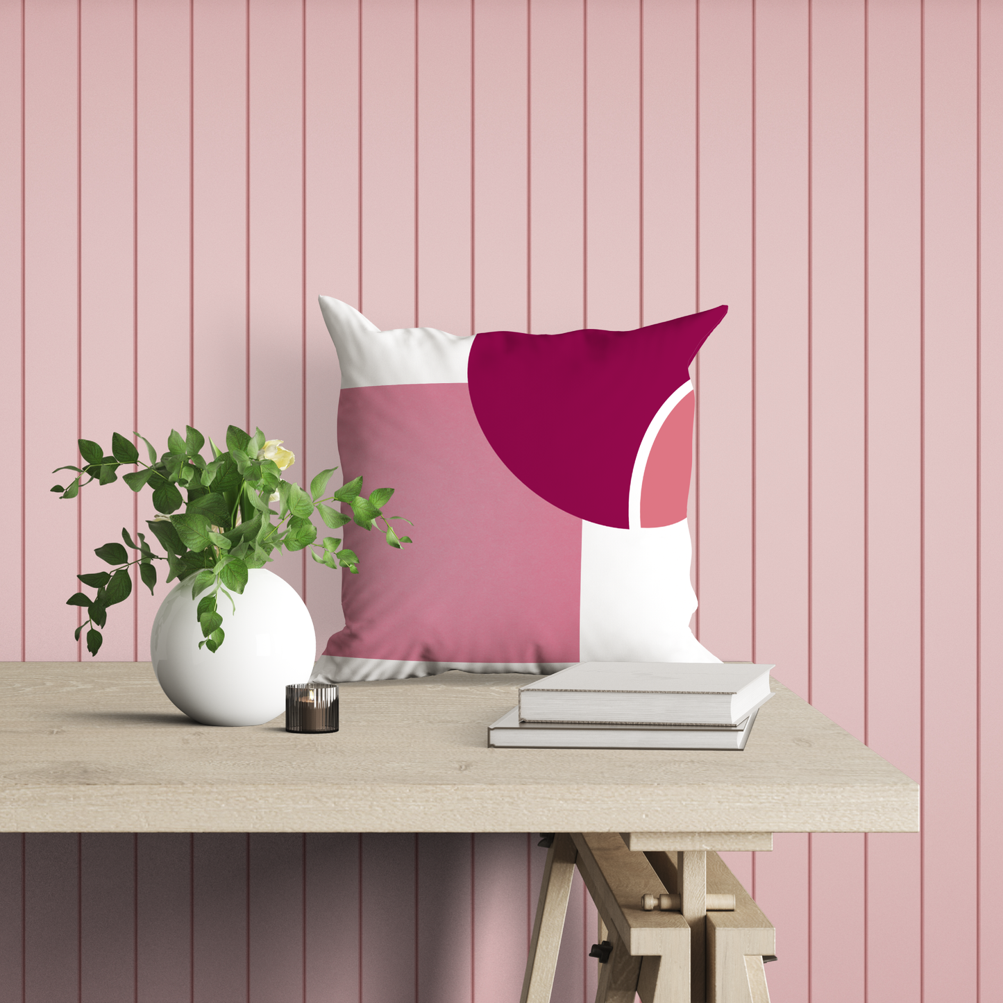 Pink and White Color Block Pillow- Soft of Linen