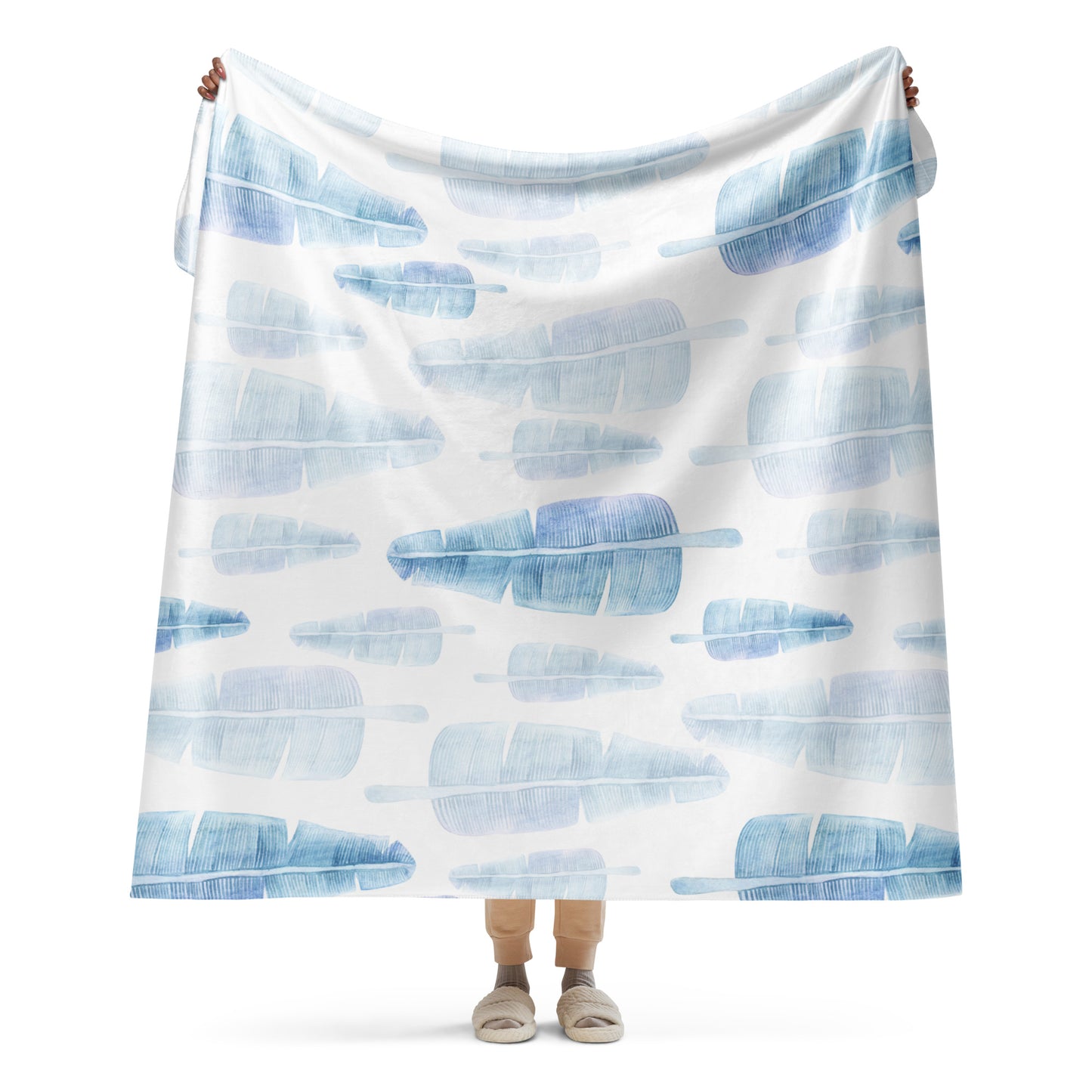 Blue tropical leaves sherpa blanket