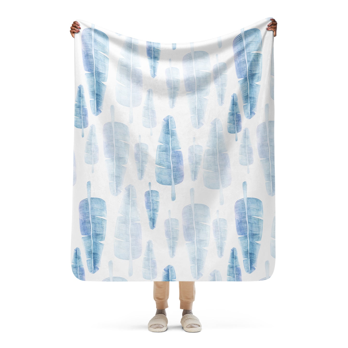 Blue tropical leaves sherpa blanket