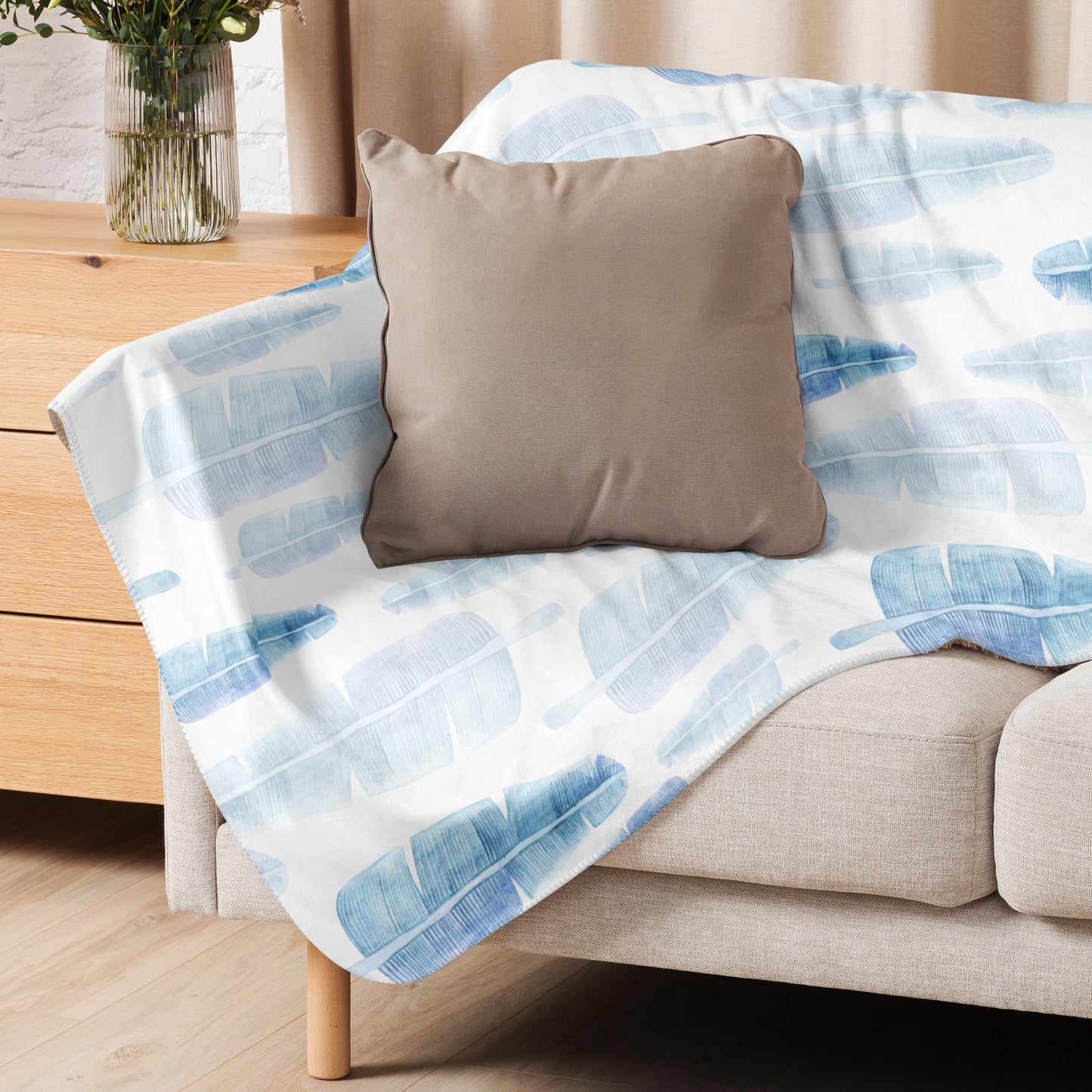 Blue tropical leaves sherpa blanket