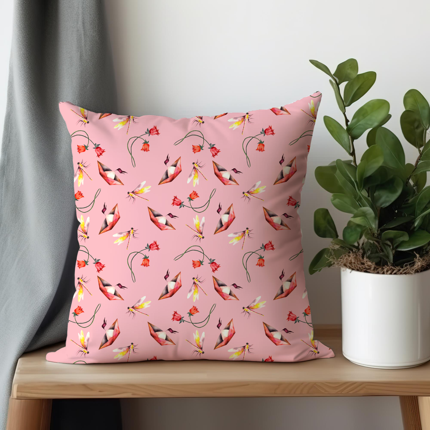 Pink Avian Garden Pillow- Soft or Linen