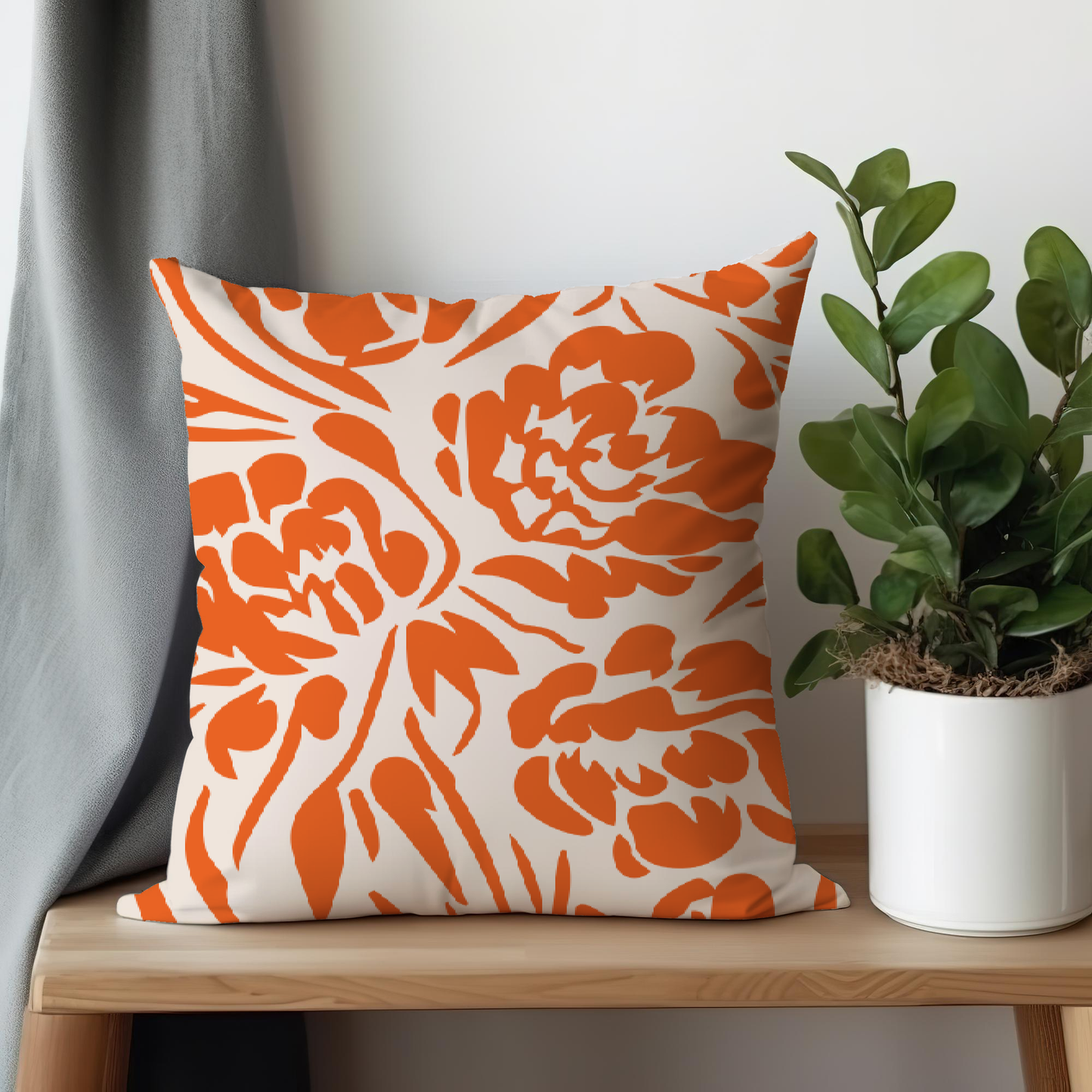 Vivid Orange Botanical Linocut Floral Pillow - Soft or Linen