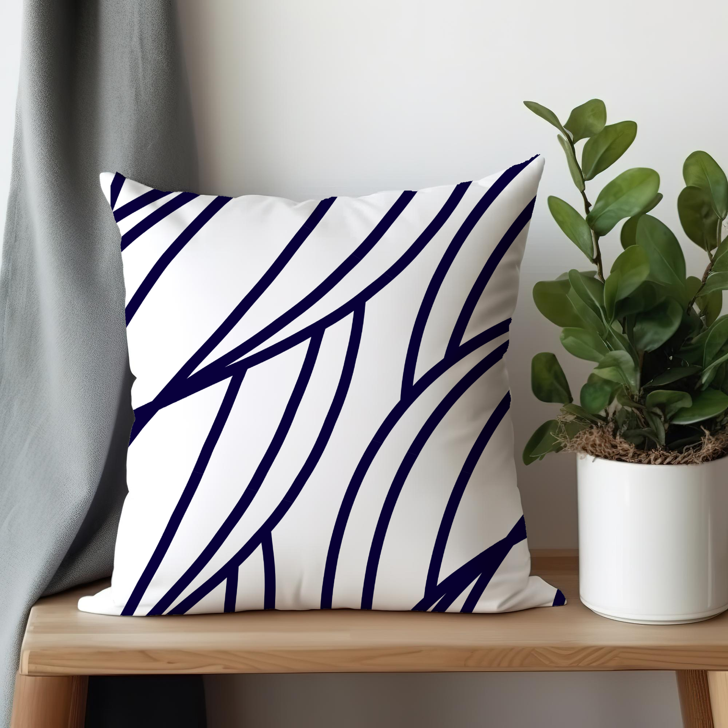 Navy and White Wavy Pattern Pillow- Soft or Linen