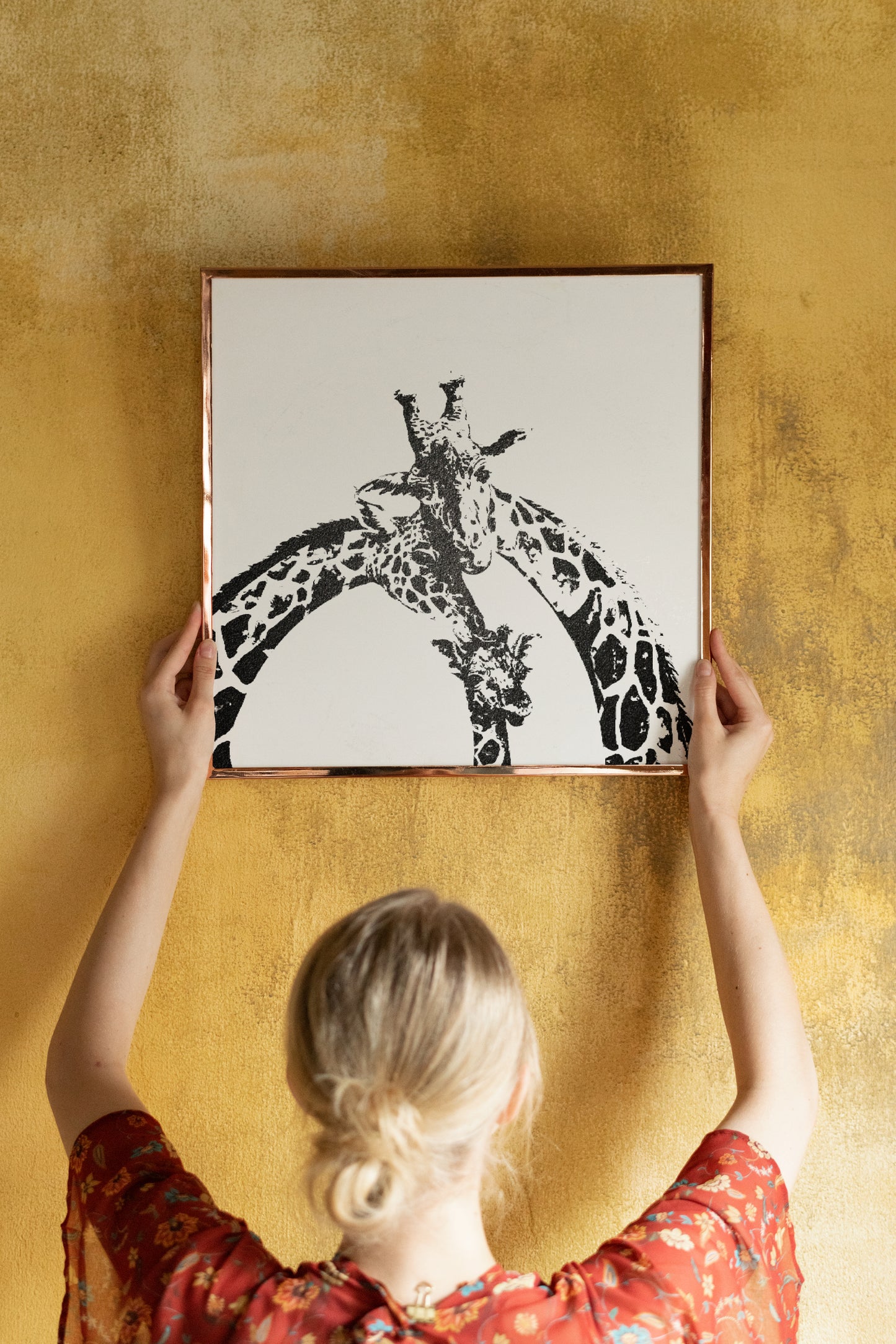 Giraffe family safari black and white print- Framed