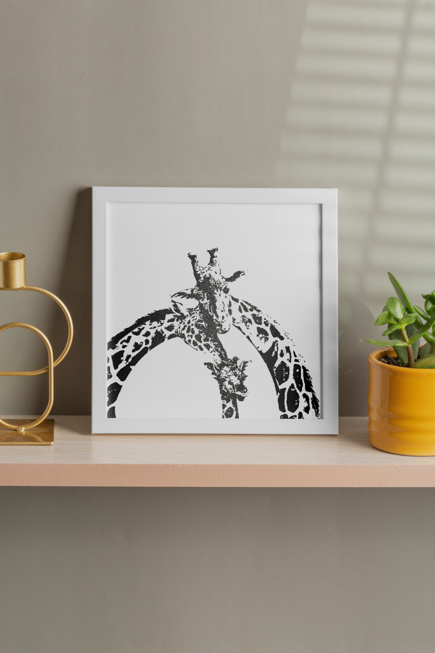 Giraffe family safari black and white print- Framed