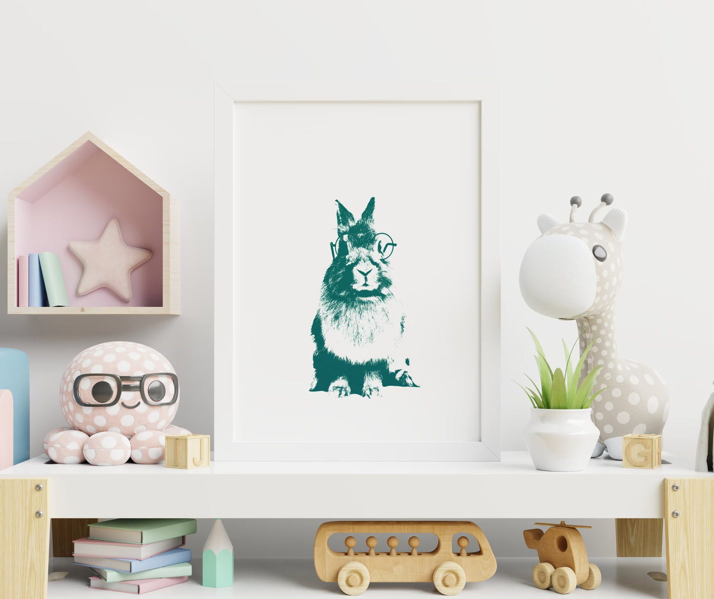 Green woodland animal wall art, bunny nursery wall art décor- Print Only