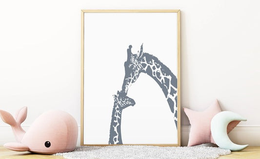 Gray giraffe kiss nursery wall art- Framed or Unframed