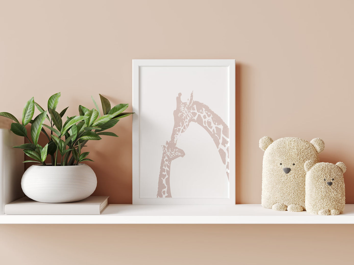 Neutral color giraffe kiss nursery wall art, mommy and baby giraffe- Framed or Unframed