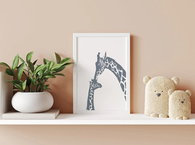 Gray giraffe kiss nursery wall art- Framed or Unframed