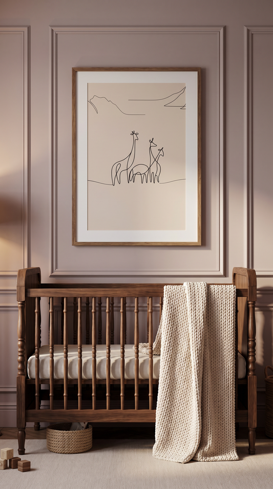 Neutral giraffe trio line art nursery wall art minimalist baby room decor