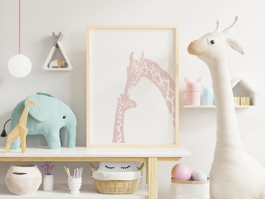 Pink giraffe kiss nursery wall art, mommy and baby giraffe- Framed or Unframed