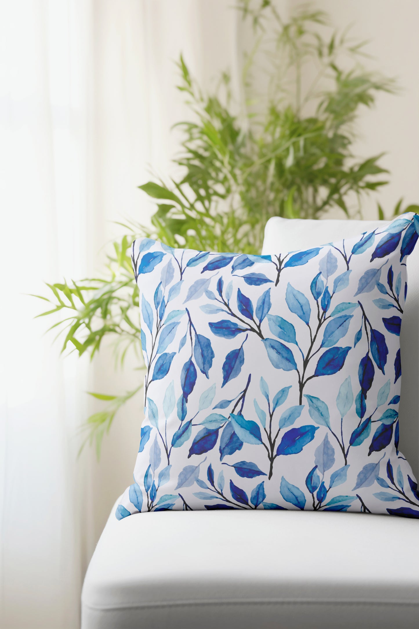 Blue Leaves Watercolor Floral Pillow- Soft or Linen