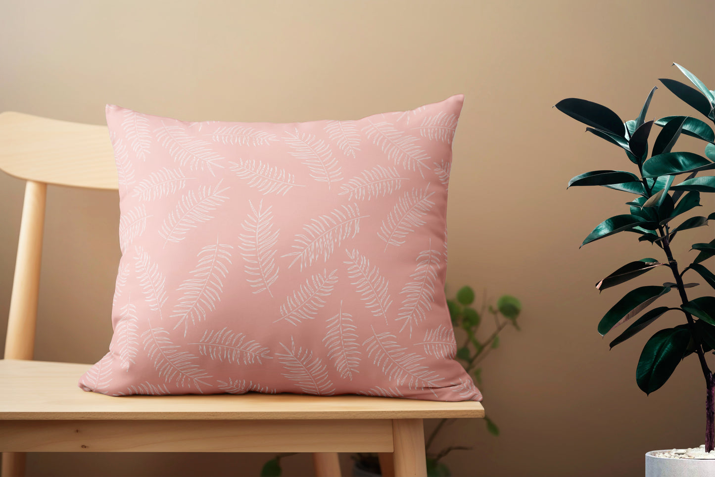 White Tropical Leaves on Pink Pillow- Soft or Linen