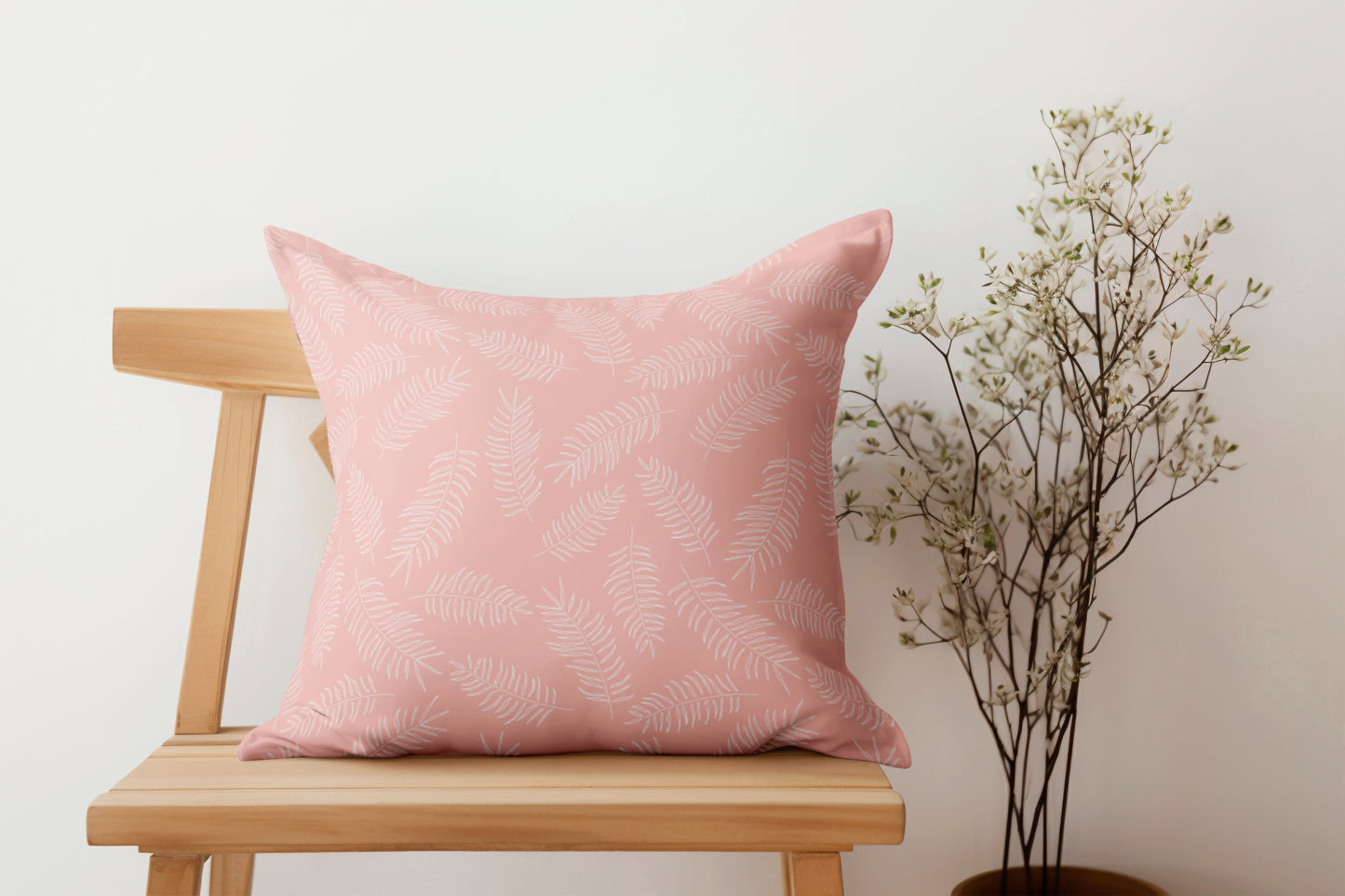 White Tropical Leaves on Pink Pillow- Soft or Linen