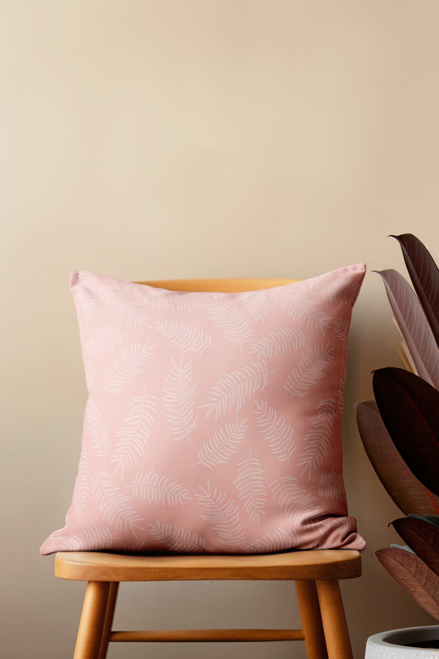 White Tropical Leaves on Pink Pillow- Soft or Linen