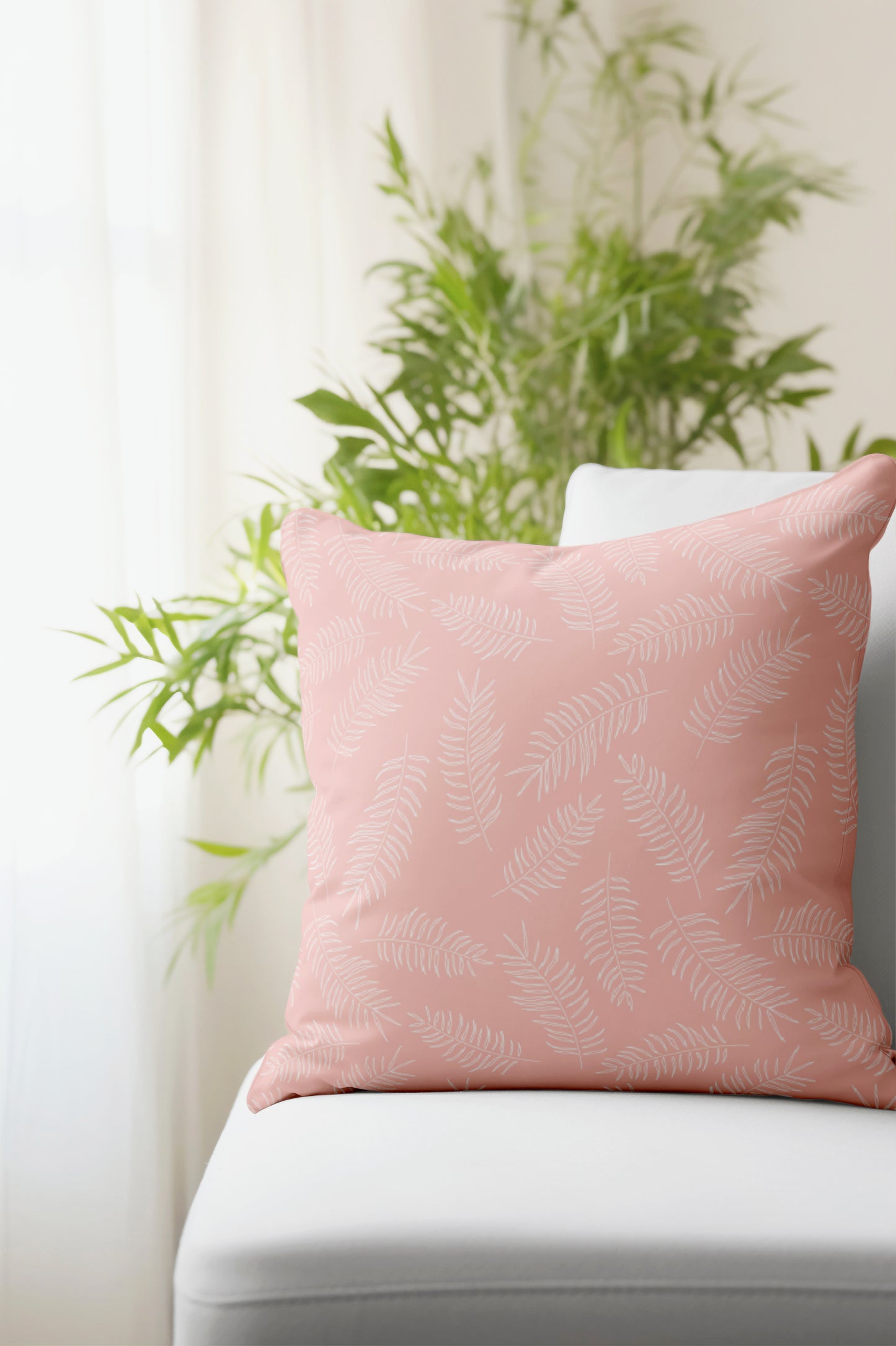 White Tropical Leaves on Pink Pillow- Soft or Linen