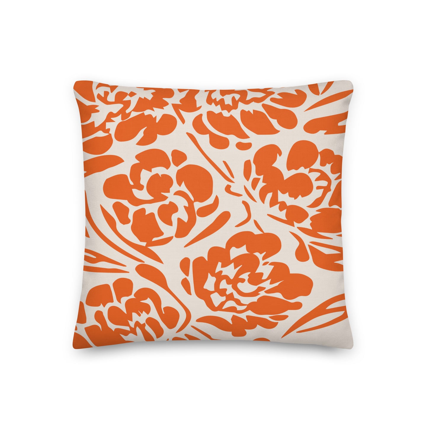 Vivid Orange Botanical Linocut Floral Pillow - Soft or Linen