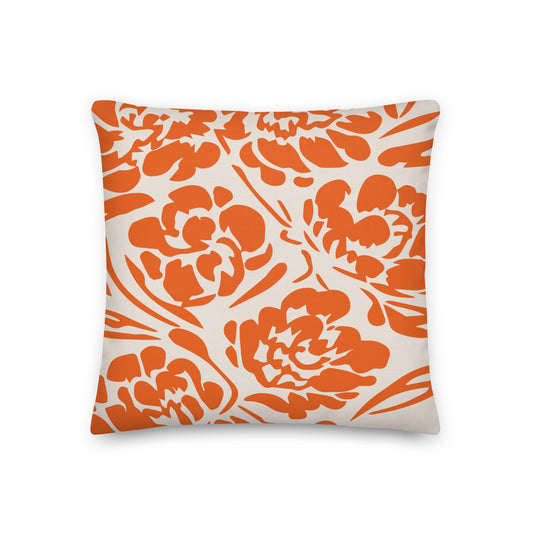 Vivid Orange Botanical Linocut Floral Pillow - Soft or Linen