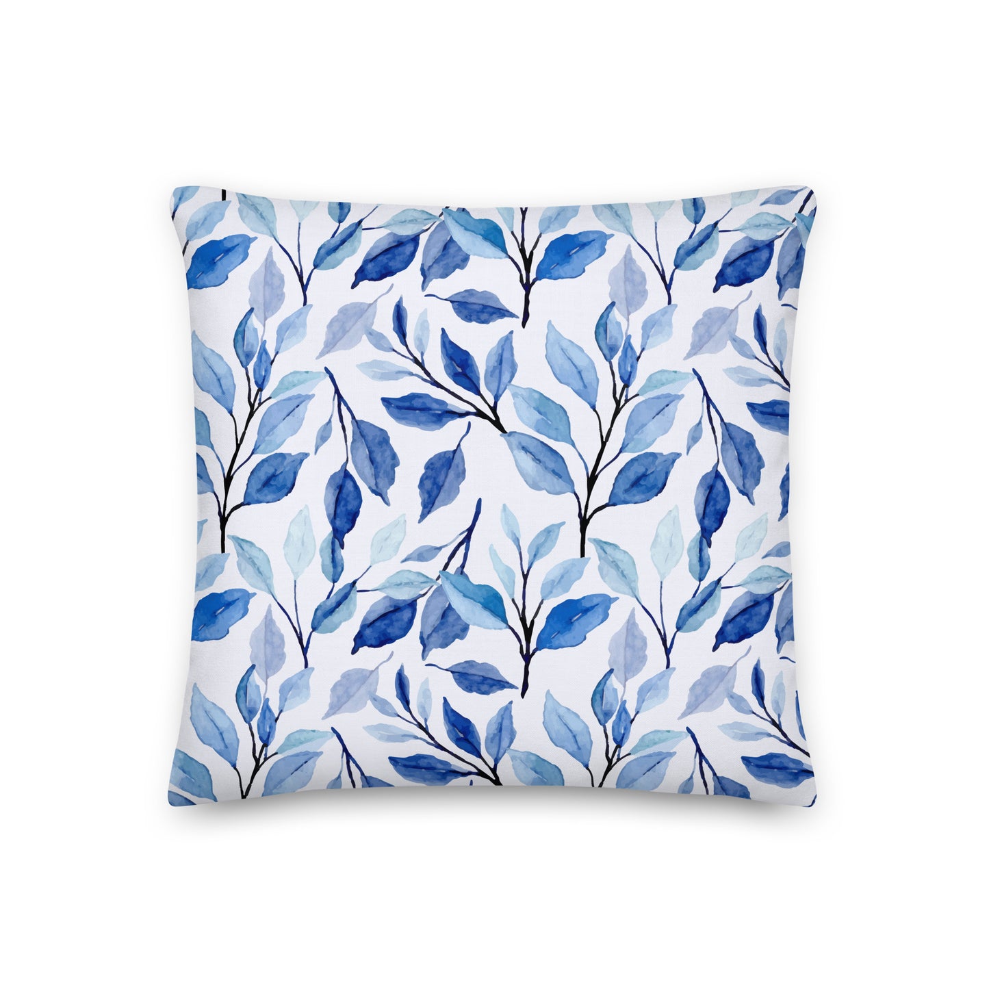 Blue Leaves Watercolor Floral Pillow- Soft or Linen