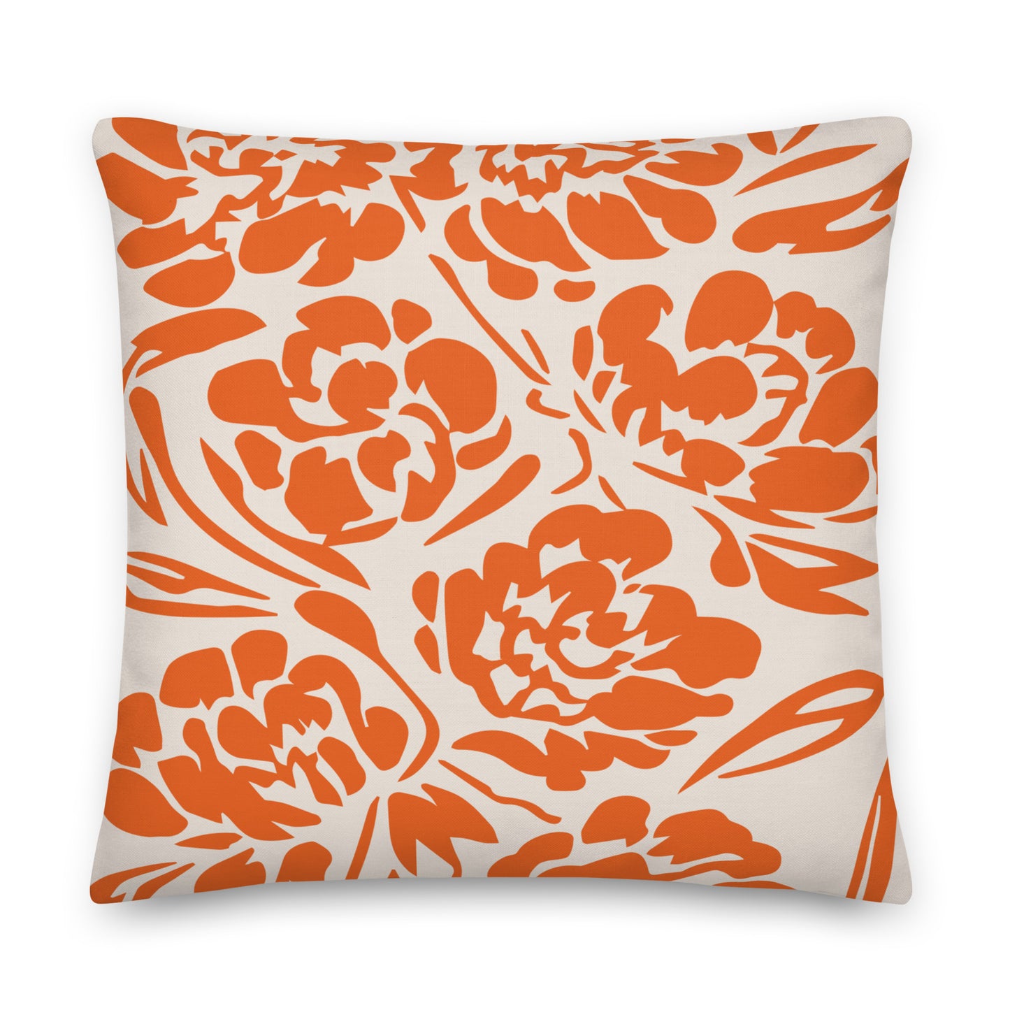 Vivid Orange Botanical Linocut Floral Pillow - Soft or Linen