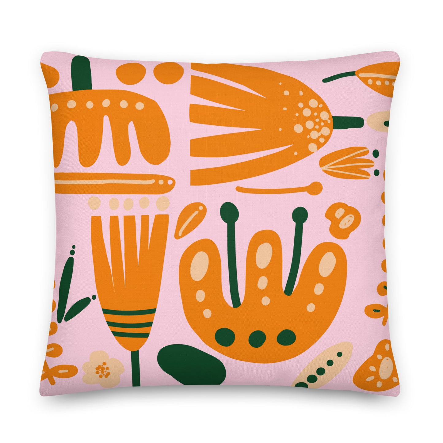 Floral Orange & Green on Pink Pillow- Soft or Linen