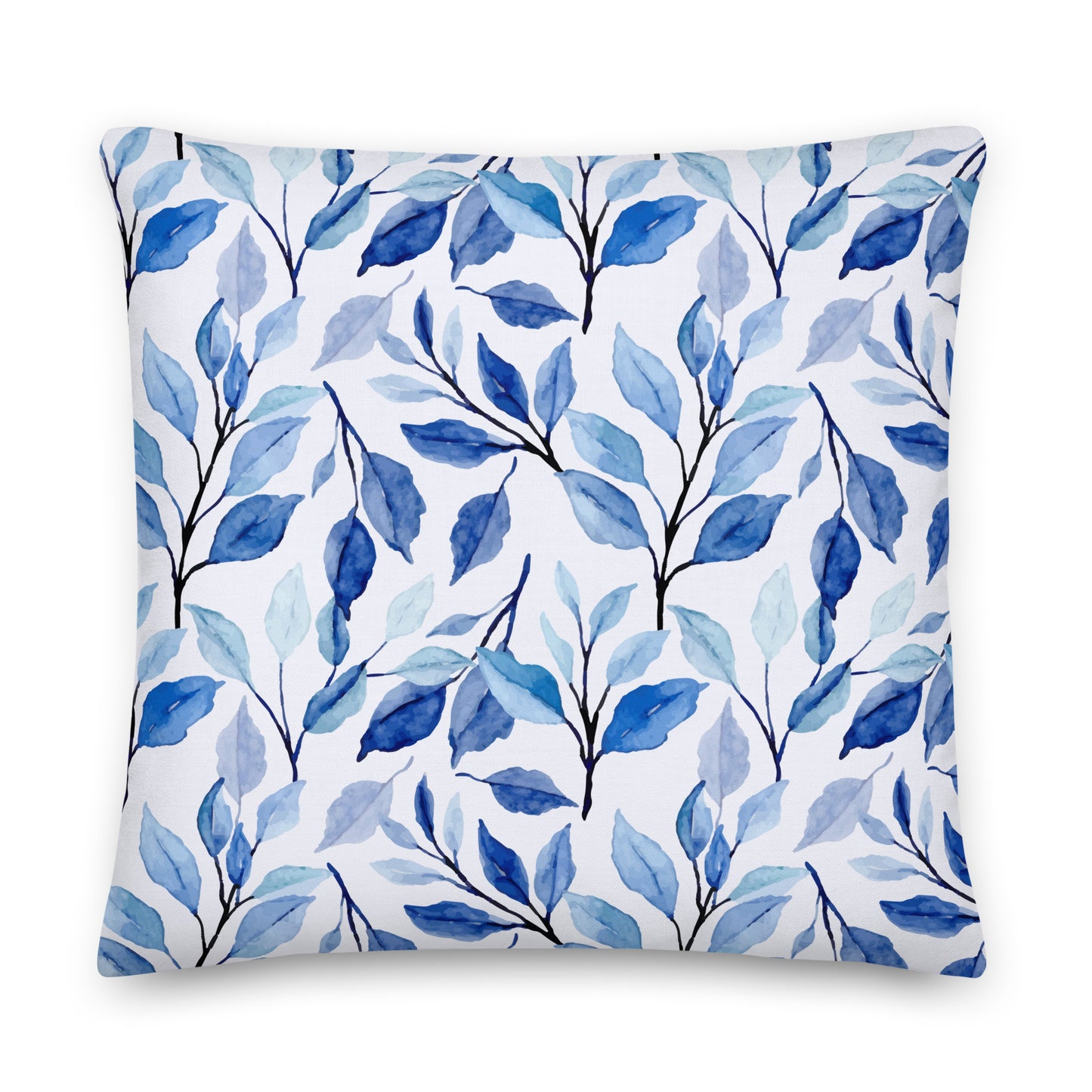 Blue Leaves Watercolor Floral Pillow- Soft or Linen