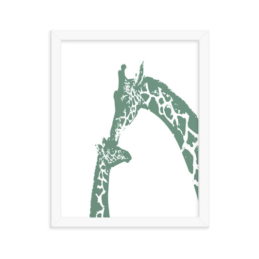 Green giraffe kiss nursery wall art, mommy and baby giraffe- Framed or Unframed