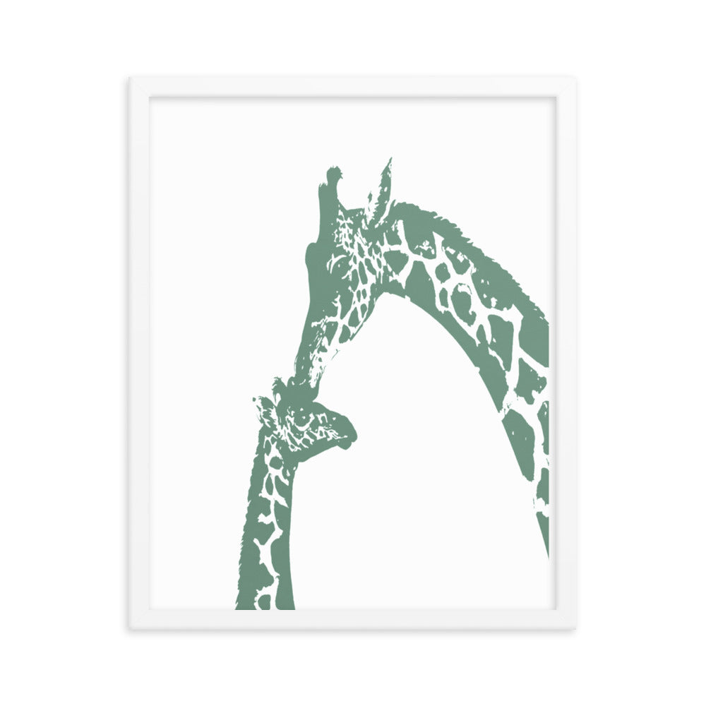 Green giraffe kiss nursery wall art, mommy and baby giraffe- Framed or Unframed