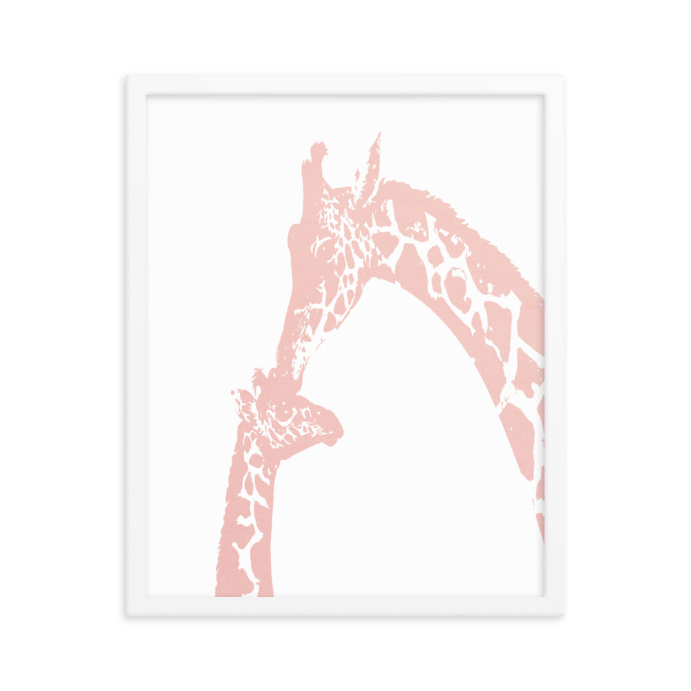 Pink giraffe kiss nursery wall art, mommy and baby giraffe- Framed or Unframed