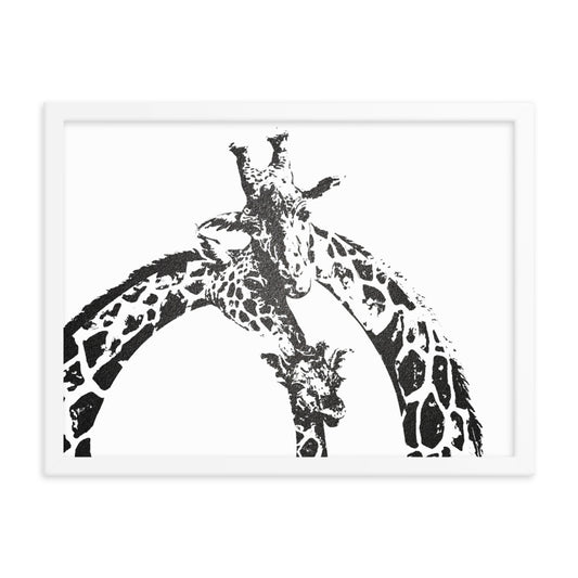 Giraffe family safari black and white print- Framed