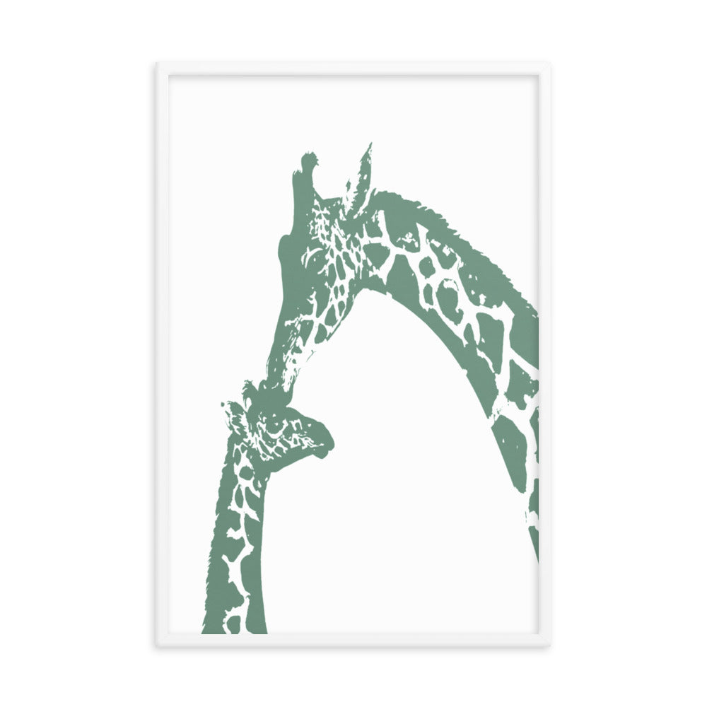 Green giraffe kiss nursery wall art, mommy and baby giraffe- Framed or Unframed