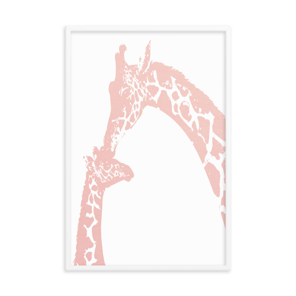 Pink giraffe kiss nursery wall art, mommy and baby giraffe- Framed or Unframed