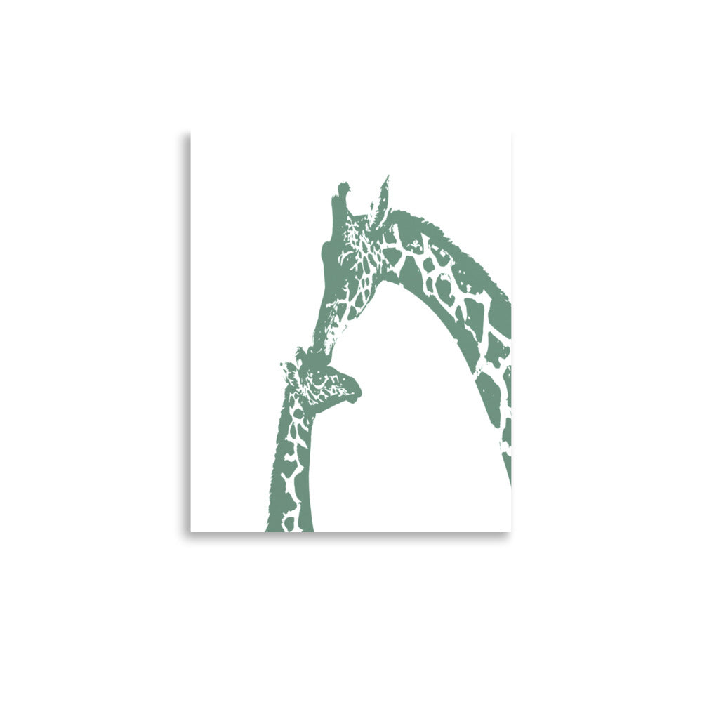 Green giraffe kiss nursery wall art, mommy and baby giraffe- Framed or Unframed