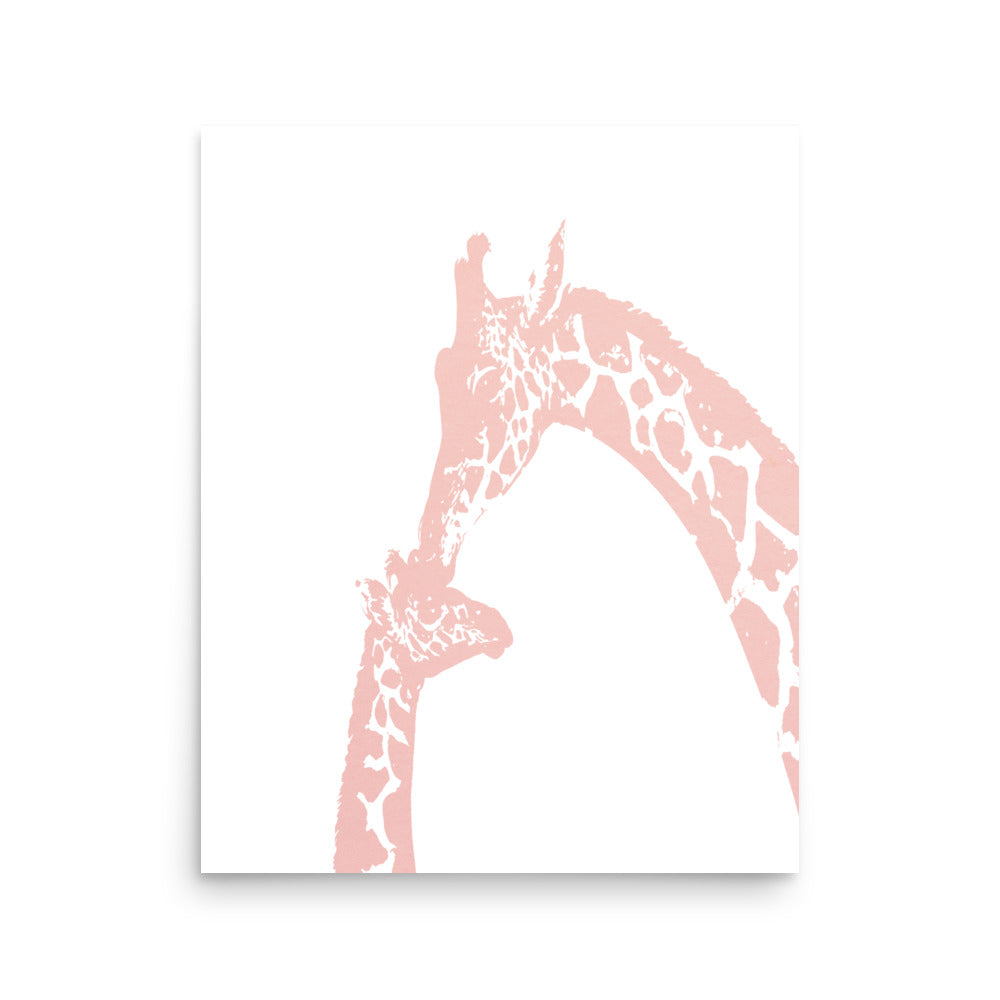 Pink giraffe kiss nursery wall art, mommy and baby giraffe- Framed or Unframed